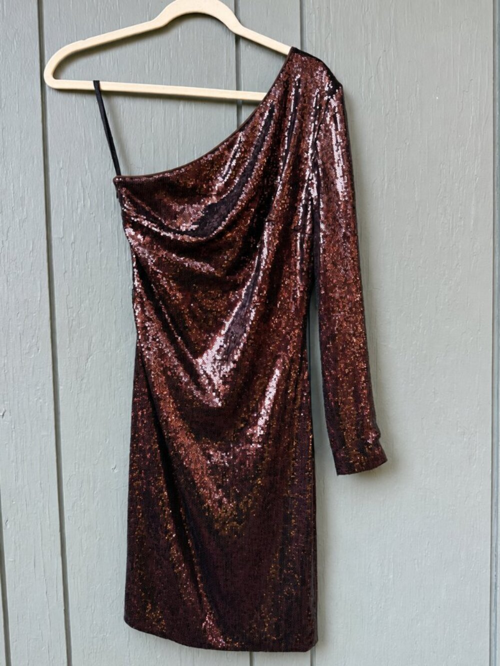 Twenty Cluny Chocolate Sequin One Shoulder Dress Silk Lined US 8 FR 40